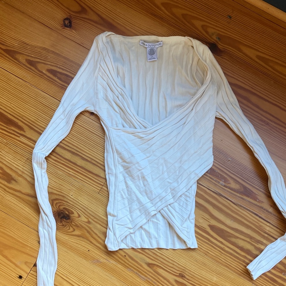 Urban Outfitters Cream Ribbed Wrap Top